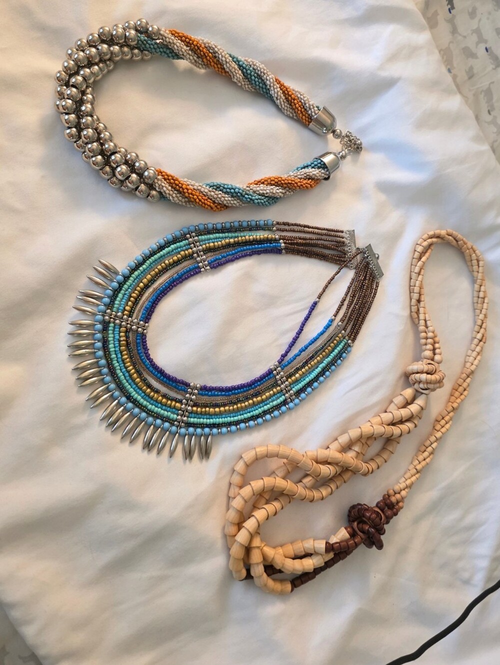 Set Of 3 Multi-Color Beaded Statement Necklace - Blue, Teal & Tan
